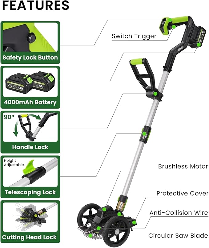 Electric Weed Wacker Cordless with Wheel, Brushless Grass Trimmer with 2 21V 4.0Ah Battery and Fast Charger, 3 Types of Blades String Trimmer, Weed Eater Battery Powered, Grass Cutter Machine