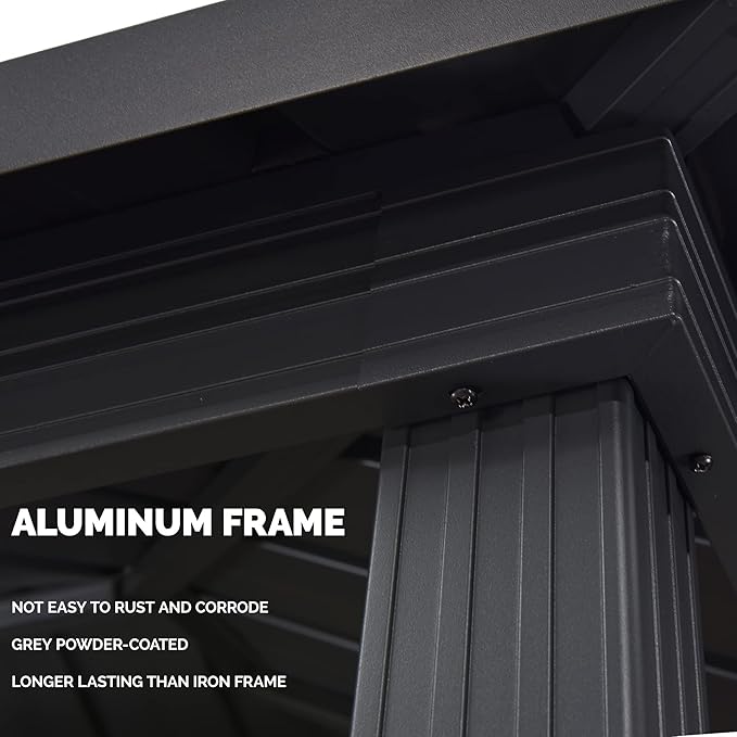 PURPLE LEAF 6.5' X 10' Hardtop Grill Gazebo for Patio Aluminum Barbeque Canopy with 24 Clear Light Bulbs and Shelves Double Tiered Grey Outdoor BBQ Gazebo