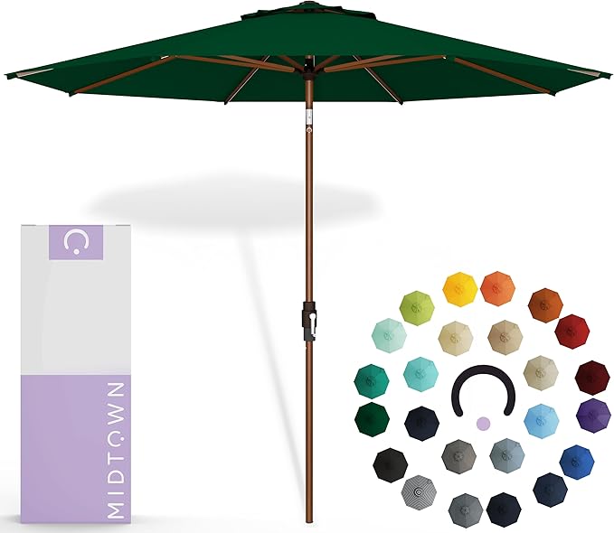 Midtown Umbrellas Sunbrella Umbrella Large Patio Umbrella 2-10 Feet Forrest Green Fabric, Auto-Tilt Aluminum Frame Backyard Umbrella, Deck Umbrella, Garden Umbrella & Porch Umbrella - Wooden Pole