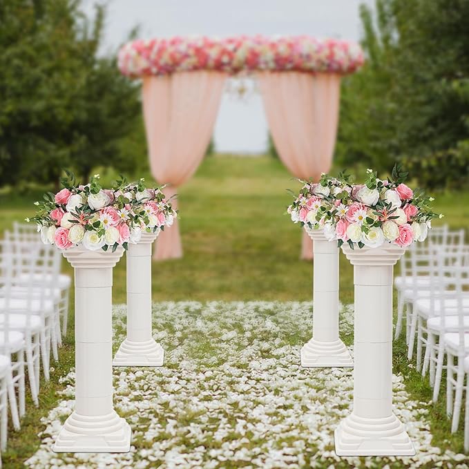 Roman Columns Wedding Column Stand Roman Pillar Plant Stand Plastic Greek Column Statue Pedestal Flower Pot Holder Decor, Wedding Event Party Elegant Decorative Column (White, 4Pcs, 11.4x31.5 Inch)