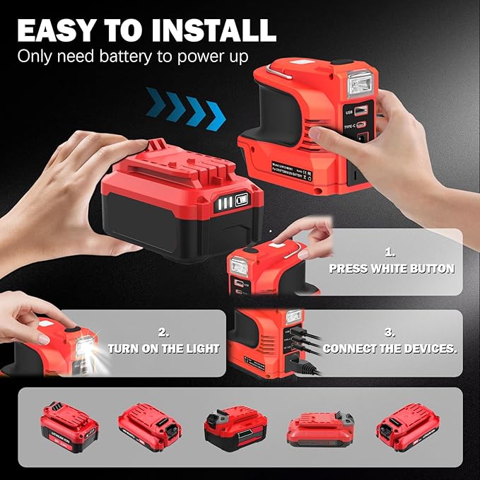 Power Inverter for Craftsman 20V Battery,220W Portable Power Supply Inverter DC 20V to AC 120V for Craftsman V20 Battery with USB&Type-C&AC Outlet&LED Light