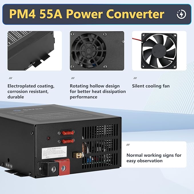 RV Converter 55Amp RV Power Converter Built-in 4 Stage Smart Battery Charger for 110VAC to 12VDC RV Power Converters, Fully Adjustable Output from 13V to 16.5V
