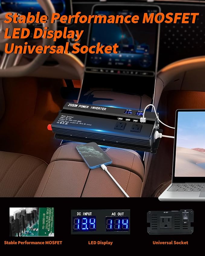 Car Power Inverters 2000W Inverter - 12v DC to 110v AC Converter with 3 AC Outlets 4 USB Port DC 5V/4.8A,Power Inverter 2000w,Car Power Converter for Truck/Home/Vehicles/Laptop Trip