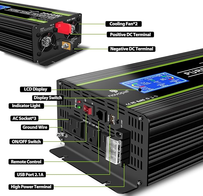 NOVOPAL 3000 Watt Pure Sine Wave Power Inverter DC 12V to AC 110V 120V Rv Inverters with 3 AC Outlets,High Power Terminal-16 ft Remote Control, LCD Display for Truck, Hurricane, Home