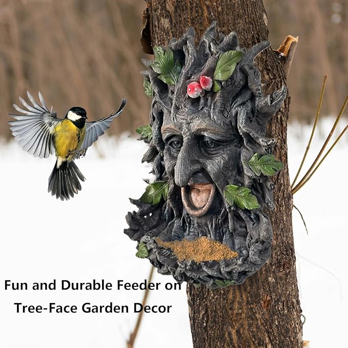 Tree Face Sculpture, Funny Old Man Tree Hugger Statue, Creative Props & Unique Animal Feeder for Indoor & Outdoor Garden, 11.5" x 7.5" x 3.5"