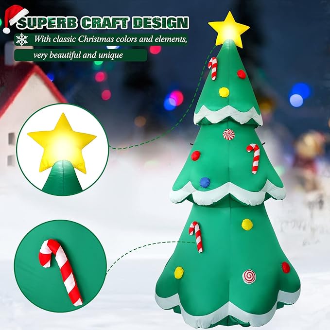 7 FT Tall Christmas Inflatables Tree Decorations Outdoor, Blow up Christmas Tree Yard Decor with LED Lights Star Treetop & Colorful Candy for Xmas Holiday Party Indoor Garden Patio Display Hall Lawn