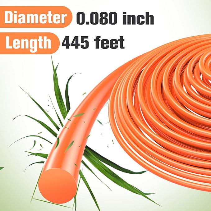 String Trimmer Line .080", 445 Feet Weed Eater String, Round Trimmer Line for Universal Replacement, Orange Premium Nylon String Trimmer Line for Light Grass&Weeds