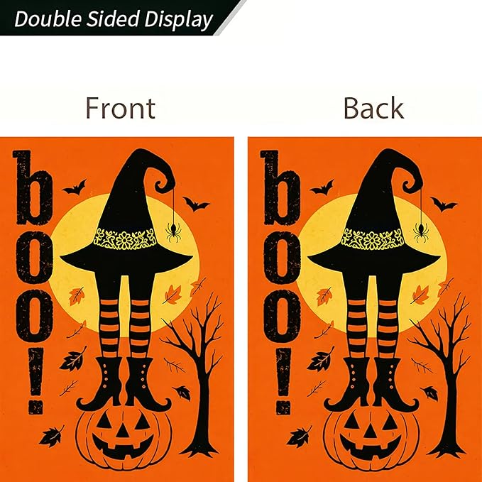 Boo Halloween Garden Flag 12x18 inch Double Sided Witch Hat Legs Jack-O-Lantern Banner Spooky Pumpkin Flags Small Yard Flag for Halloween Outdoor Decoration Porch Lawn Garden Decor
