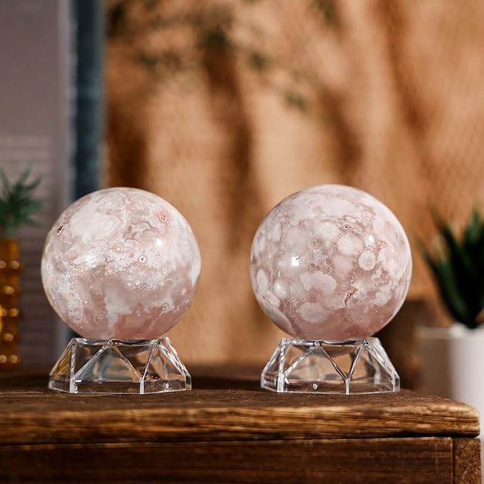 Natural Cherry Blossom Agate Crystal Ball with Acrylic Display Base, 50-60mm Polished Stone Feng Shui Crystal Sphere Meditation Decoration for Home & Office