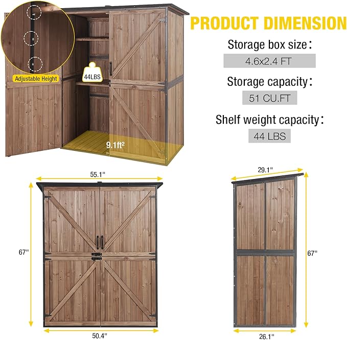 Aivituvin Outdoor Storage Shed Upgraded with Strong Metal Frame Garden Tool Shed Storage House Cabinet with Adjustable Shelfs and Wooden Floor 4.6 x 2.42FT (Dark Brown)