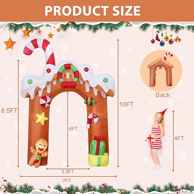 DearSun 10FT H Christmas Inflatable Gingerbread House Archway with Build-in LED Lights, Blow up Christmas Inflatable Outdoor Decorations Large Party Yard Decoration