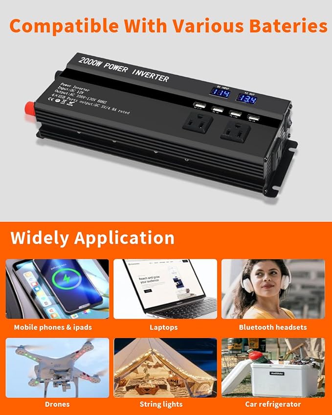 Car Power Inverters 2000W Inverter - 12v DC to 110v AC Converter with 3 AC Outlets 4 USB Port DC 5V/4.8A,Power Inverter 2000w,Car Power Converter for Truck/Home/Vehicles/Laptop Trip