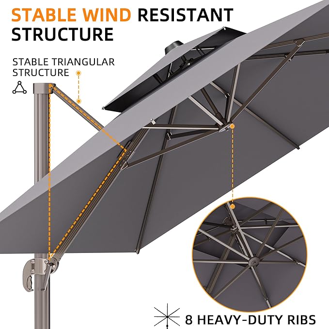 9' X 12' Cantilever Outdoor Patio Umbrellas with Base Included, Large Rectangle Umbrella Heavy Duty 360°Rotation Offset Umbrella for Garden Deck Pool Patio,Grey