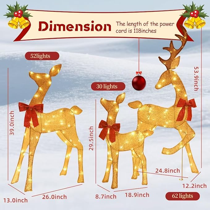 4.5Ft Lighted Reindeer Outdoor Christmas 2D Deer Family Sets Outdoor Reindeer Christmas Yard Decoration with LEDs/Stakes/Zip Ties for Holiday Patio Lawn Garden