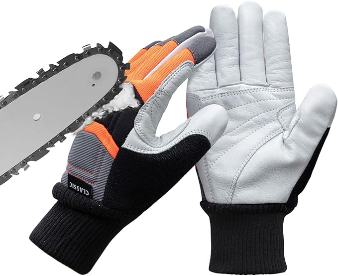 Chainsaw Gloves - Anti-Cut Leather with 12-Layer Chainsaw Protection on Back of Left Hand Only, Classic