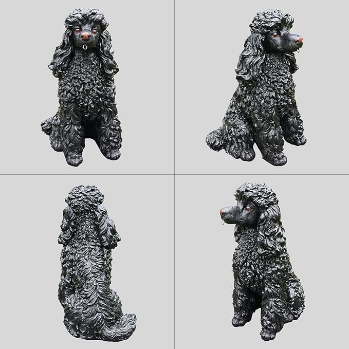 Porch Greeter Dog Statue with Flip-Over “Welcome/ON Patrol” Hanging Plaque and Solar Walkway Lantern, Black Sitting Poodle Yard Accent