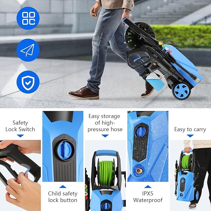 Electric Pressure Washer 5000 PSI,2.8 GPM Power Washer with Foam Cannon,Portable Cleaner with 33ft Hose Reel,4 Nozzle Tips,and Soap Bottle for Cars/Home/Driveways/Patios/Decks/Fences