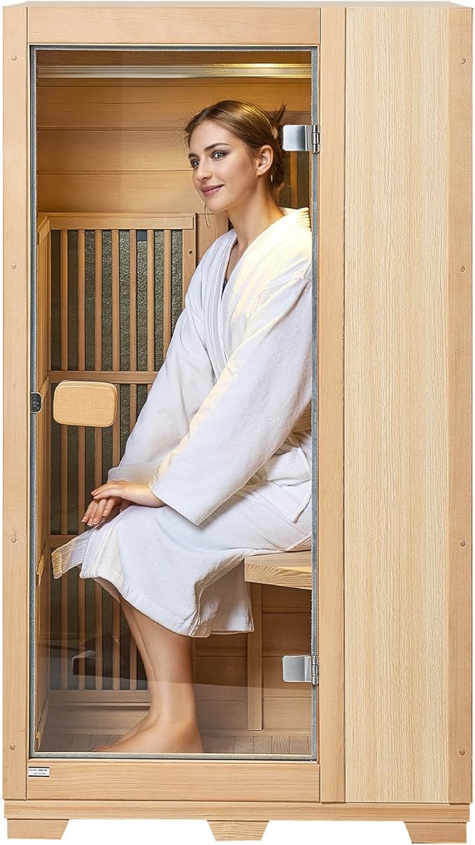 VEVOR Far Infrared Wooden Sauna, Room Home Sauna Spa for One Single Person, Low EMF Far Infrared Hemlock Wood Sauna with Tempered Glass Door & LED Reading Lamp & Bluetooth Speakers, 1140W Indoor Use