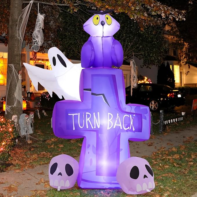 GOOSH 6FT Halloween Inflatables Outdoor Decoration - Halloween Blow Up Decorations Outside Inflatable Owl on Tombstone Ghost Skull with LED Lights for Decor Party Garden Lawn