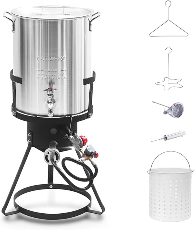 Red Mountain Valley 30Qt Turkey Fryer with Propane Burners for Outdoor Cooking, Aluminum Turkey Fryer Pot Basket, Propane Deep Fryer, Seafood Boil with Spigot,Timer, Marinade Injector, Turkey Rack