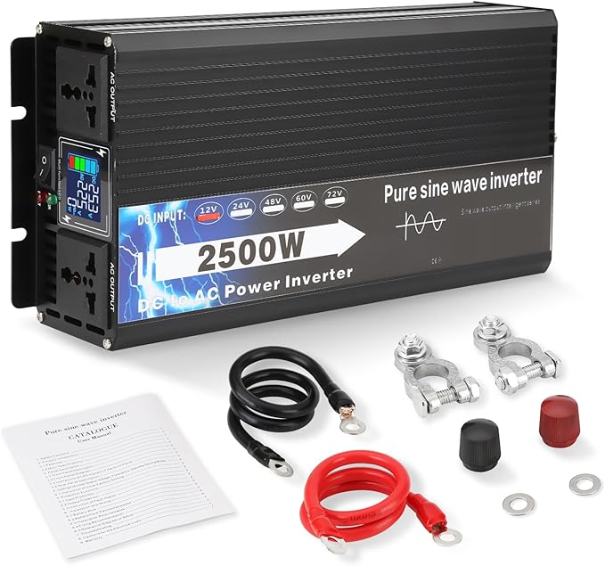 NIHAO 2500W Power Inverters DC 12V to 110V AC Converter with LCD Display, 2 International Socket and Battery Clips for Home, RV, Outdoor, Camping, Boat
