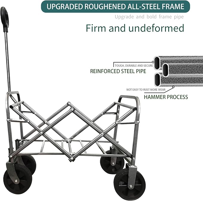 Steel Yard Cart, Garden Wagon with Adjustable Handles, Wheels, Foldable Wagon, Heavy Duty Folding Utility Garden Cart for Garden Farm Orchard Warehouse navy blue