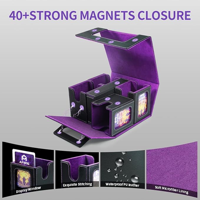 AFIING Commander Deck Box for MTG, Holds 400+ Double-Sleeved Cards, 4 Removable Deck Cases with Display Window, Dice Tray/Handle,Trading Card Storage Organizer/Dividers for TCG (Black Purple)