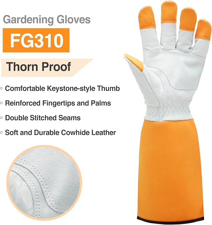 DEX FIT FG310 Gardening Gloves for Women & Men, Long Thorn Proof Leather Sleeves Protection, Comfortable, Durable for Cactus, Rose Bush Pruning and Garden and Yard Work; Orange S (7) 1 Pair