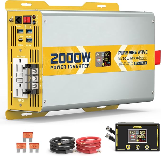 XWJNE 2000W Pure Sine Wave Power Inverter 24V DC to 120V GFCI AC Converter with LCD Display and Remote for Home, RV, Truck, Off-Grid Solar Power