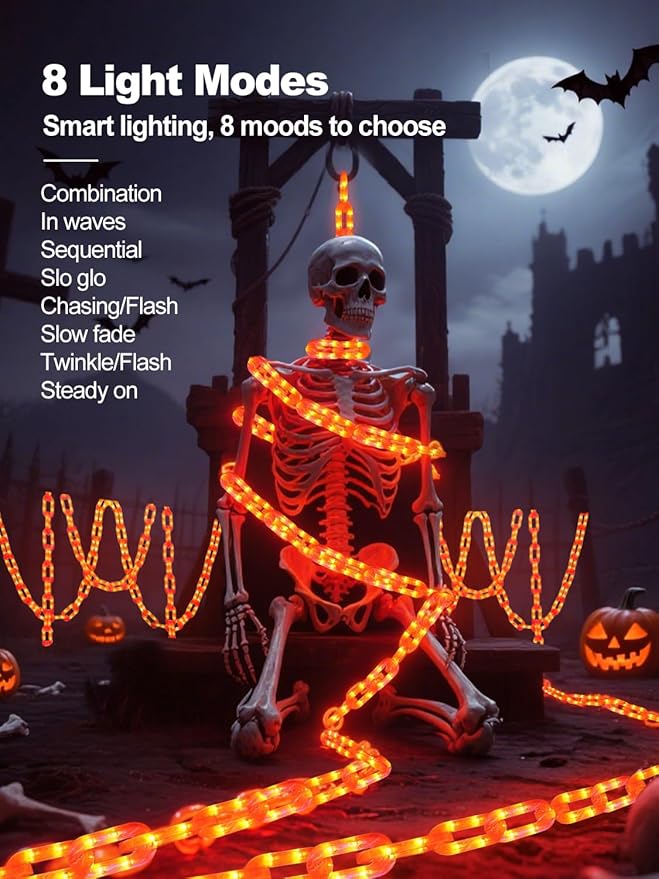 Halloween Chain Lights – 10 Ft 160 LED Orange Plastic Chains, Battery Operated Halloween Decorations with 8 Lighting Modes & Timer, Spooky Haunted House & Party Decor