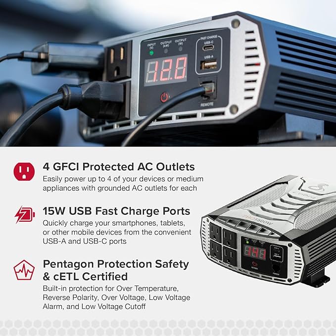 Cobra PRO 1500W Professional Grade Power Inverter, Portable – 1500-Watt Car Charger, 4 Grounded AC Outlets, 2 Fast Charge USB Ports and Remote Controller (CPIALCDG1) Compatible