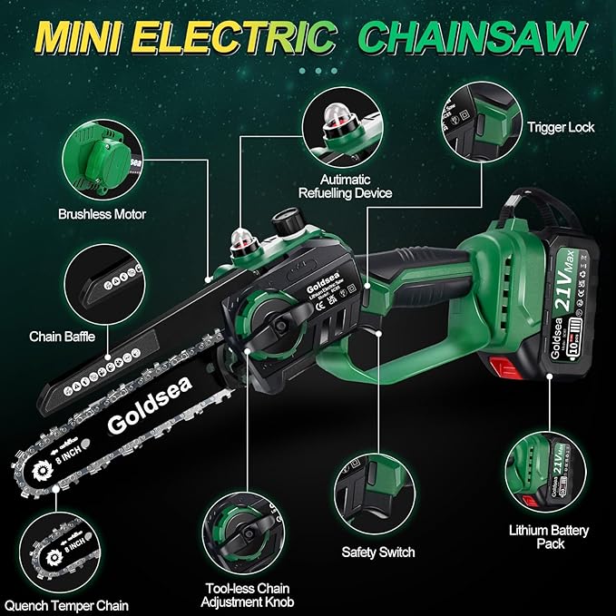 Mini Chainsaw Cordless 8 Inch, Goldsea Electric Hand Chain Saw with 2 Pack 4000mAh 21V Battery, Small Chainsaw Powered Saw for Garden Yard Cutting Wood/Tree Tools Best Gifts for Dad, Husband