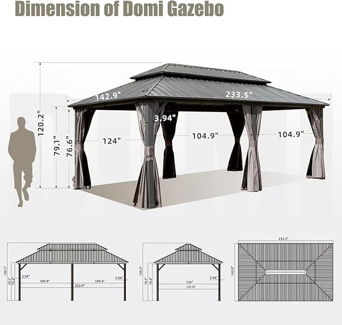 Domi 12’ X 20’ Hardtop Gazebo Canopy with Netting & Curtains, Outdoor Metal Gazebo with Galvanized Steel Double Roof for Patio Lawn and Garden, Gray