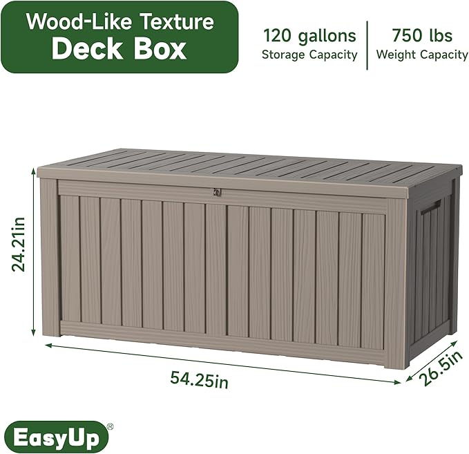 EasyUp 120 Gallon Outdoor Storage Box Waterproof, UV Resistant Resin Deck Box with Hydraulic Rod, Reinforced Stability for Patio, Garden, and Pool, Striped Gray