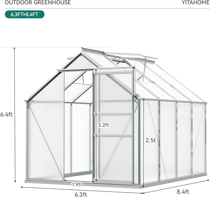 YITAHOME 6x8FT Polycarbonate Greenhouse Heavy Duty Green Houses Outdoor Aluminum Greenhouses with Sliding Doors Vent Window Walk-in Greenhouse Large Sun House for Garden Backyard, Matte Silver