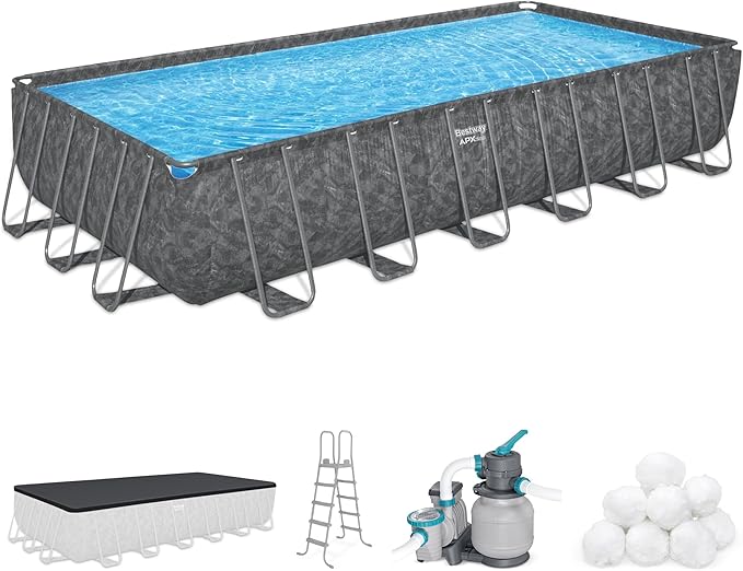 Bestway APX 365 24' x 12' x 52" Rectangular Above Ground Swimming Pool Outdoor Framed Pool, with Sand Filter Pump, Ladder, Cover, and Repair Patch
