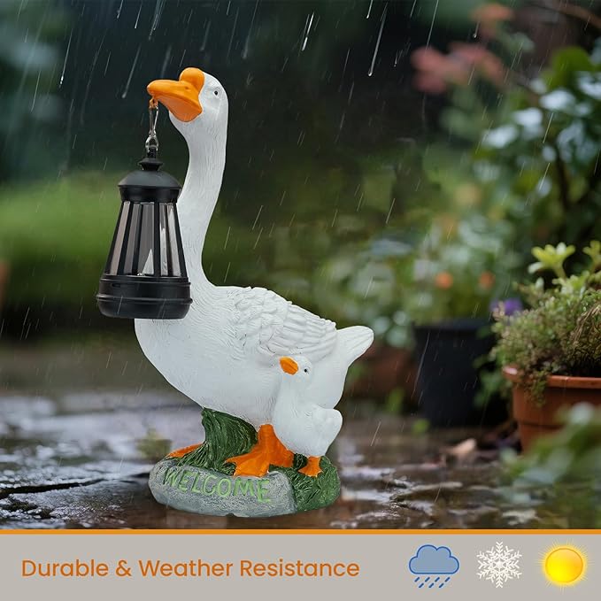 Solar Porch Goose Statue, Outdoor Goose Decor with Lantern for Yard Lawn Patio Balcony, Birthday Christmas Housewarming Gifts for Mom, Grandma, Women,12 Inch,Resin