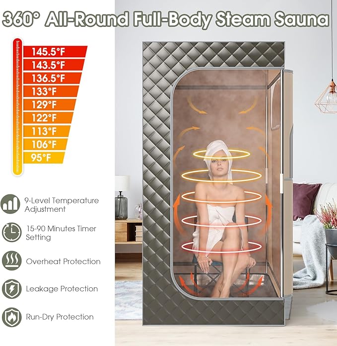 COSTWAY Portable Steam Sauna, Personal Home Sauna Tent w/ 3L Steam Generator, Foldable Chair, Remote Control, 9-Level Adjustable Temperature, Timer, Full-Size Indoor Steam Room for Home Spa (Grey)