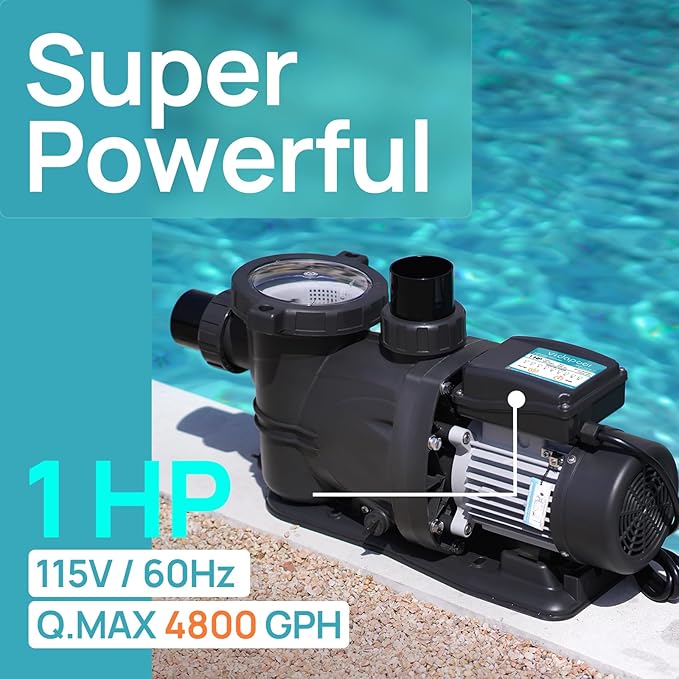 In/Above Ground Pool Pump, Self Primming High Flow (with Timer, 1HP, 5860 GPH, 115V)