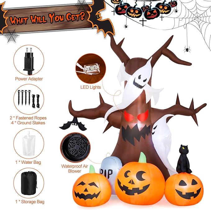 8FT Halloween Inflatable Dead Tree Outdoor Decorations with Ghosts & Pumpkins, Halloween Blow Up Yard Decoration with Build-in LEDs for Holiday/Halloween Party/Garden/Lawn
