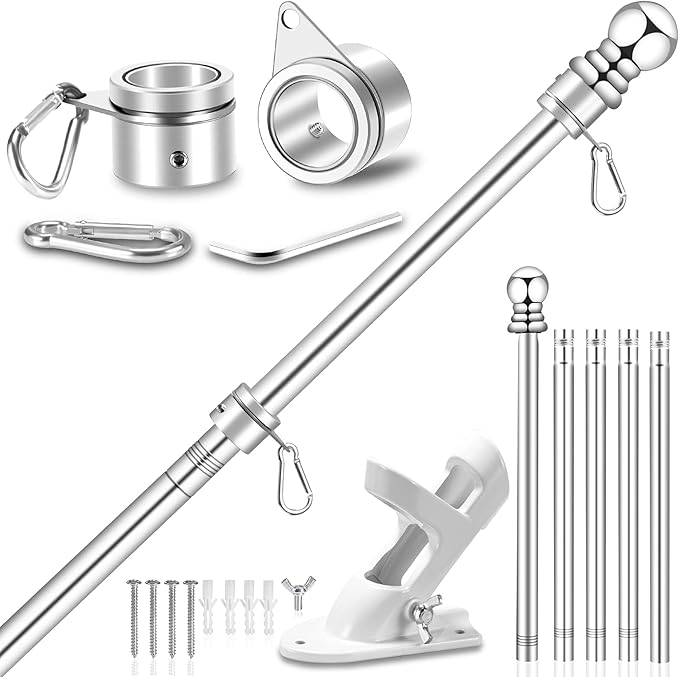 6 FT Metal Flag Pole Kit for Outside House w/ 2-Position Holder Bracket & 360° Rotating Flagpole Rings, 1" Stainless Steel Spinning Outdoor Porch Wall Mounted Flag Poles for 3x5 4x6 Flag(6 FT, Silver)
