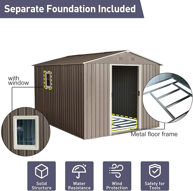 8x10 ft Outdoor Metal Storage Shed with Floor Foundation and Window, Lockable Galvanized Steel Tool Shed with Sliding Door and Air Vent, Waterproof Garden Storage House for Backyard, Patio