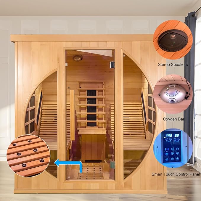Smartmak Full Spectrum Infrared 2 Person Sauna Room for Home, Red Light Therapy Luxury Recliner Wood Indoor Saunas, Canadian Hemlock Dry Spa Room, 3400W with 10 Heaters, Speakers, Lights, Oxygen Bar