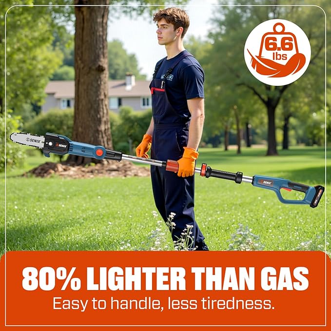 SENIX 20V Cordless Pole Saw, 8 Inch Telescopic Electric Pole ChainSaw with Articulating Head, 2.5Ah Battery & Charger Included for Tree Trimming, Pruning, and Cutting