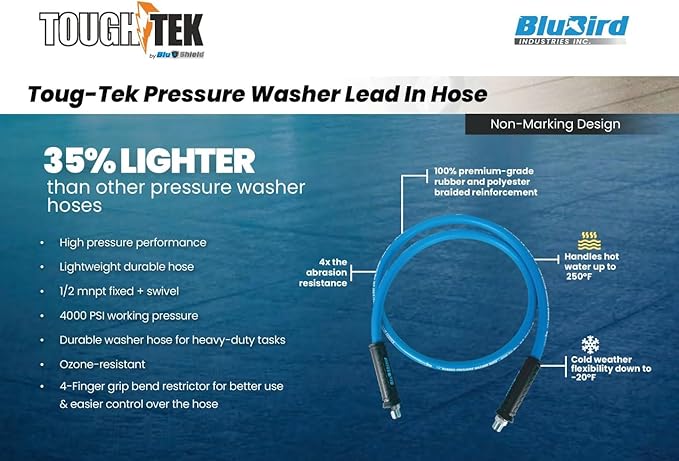 Tough-Tek TTPW1203-NM 1/2" x 3' Rubber Pressure Washing Hose: 4000 PSI, Heavy-Duty, Kevlar Reinforced, Kink-Resistant, Abrasion-Resistant, Hot & Cold Water, Commercial & Residential Use