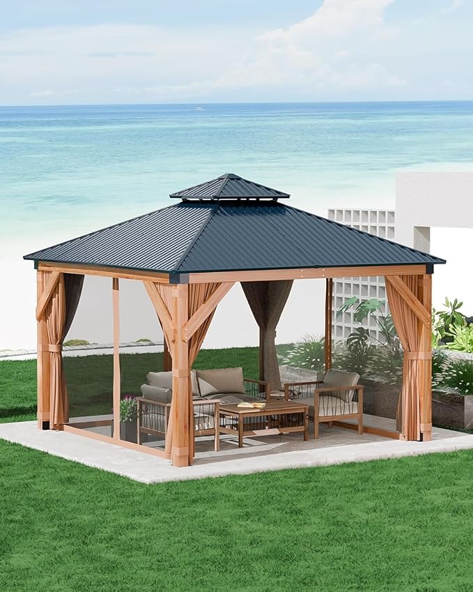 GAOMON Hardtop Spruce Wood Gazebo 10'x10', with Double Roof of Metal Sheets, 4.7'' Heavy Duty Poles, Net, and Curtain, Permanent Building for Patio, Deck, Backyard, Lawn, and Garden, Khaki