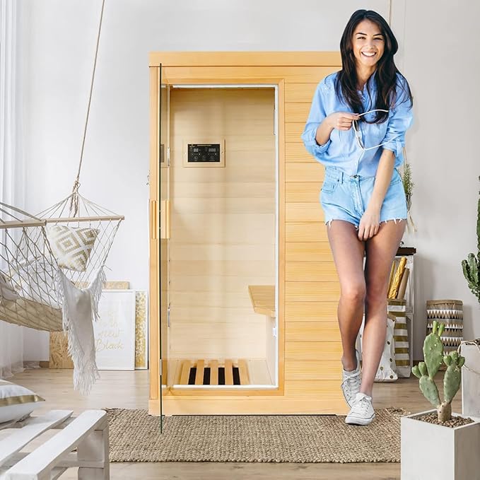 Far Infrared Sauna Home Sauna Spa Room Canadian Hemlock Wood 800W Indoor Saunas Low EMF 110V with Control Panel and Tempered Glass Door, Room: 35.2 * 27.6 * 61.6Inch