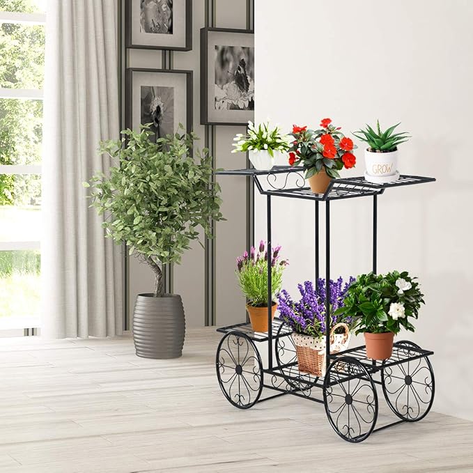 Giantex 6-Tier Plant Stand Flower Pot Holder Metal Flower Display Shelf with 4 Decorative Wheels Multilayer Parisian Style Plant Pot Holder Rack for Indoor, Garden, Patio, 32"L x 10"Wx 30"H, Black