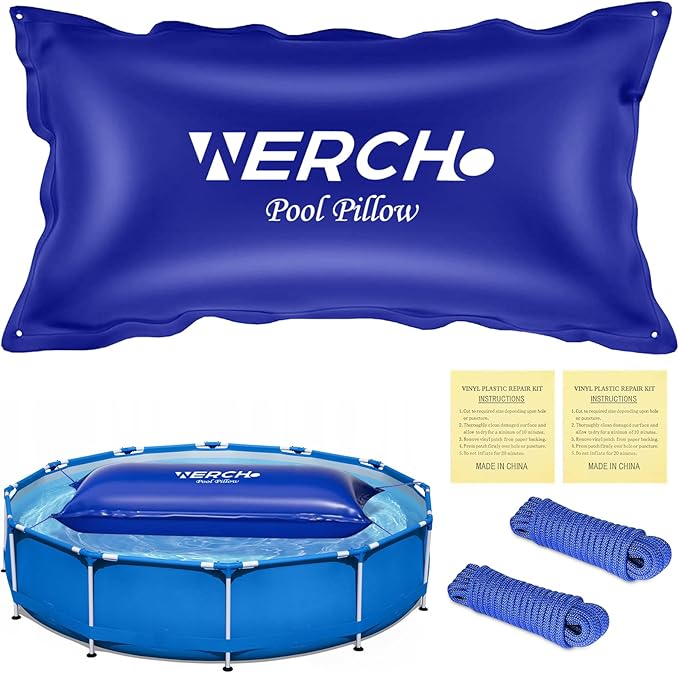 Pool Pillow for Above Ground Pool, 4 x 8 FT Ultra Thick Pool Pillow with PVC Material 0.5mm Thick Cold-Resistant Winter Pool Pillow for Above Ground Pools and Winterizing （2x16ft Rope）