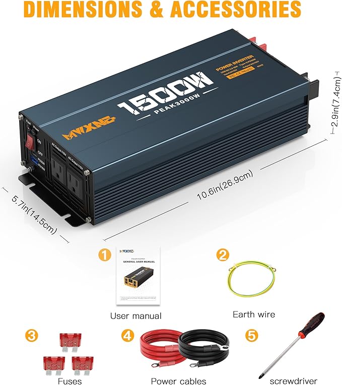 1500W Power Inverter, 12V DC to 120V AC Converter with Dual AC Outlets,QC3.0 18W USB and 30W Type-C, Car Inverter for Truck RV Home - Navy Blue/Black
